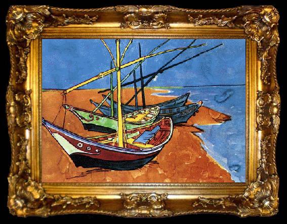 framed  Vincent Van Gogh Boats on the Beach of Saintes-Maries, ta009-2